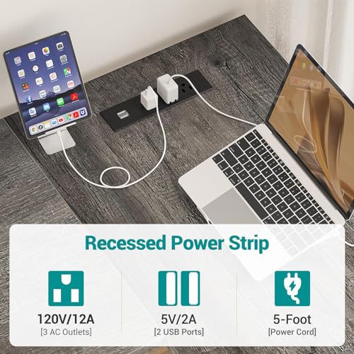 Reversible L Shaped Gaming Desk with Power Outlets and USB Charging Ports, Sturdy Computer Desk with Storage Shelf, Modern Corner Desk Home Office Table, Easy to Assemble, Gray Oak