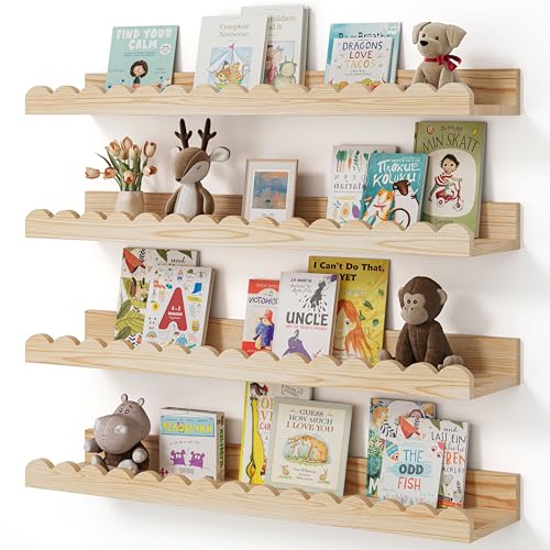 Shario Nursery Book Shelves, 4-Pack Wood Floating Shelves for Wall Kids, Scalloped Shelves, Wall Book Shelves for Bedroom Kids, Toddler Room, Baby Room, Nursery Decor (Wood, 23 Inches) - color: Wood, size: 23 Inches