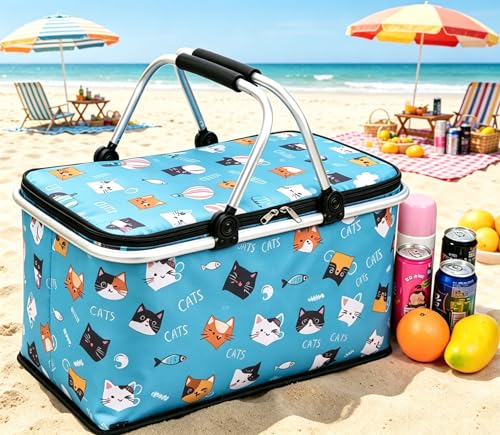 Upgrade Shopping Bag Picnic Basket 2 Layers of Internal Pockets Leak-Proof Insulated Cooler Bag Bag Collapsible Shopping Basket Folding Grocery Basket Bag for Picnic Travel(Blue Cat) - color: Blue Cat