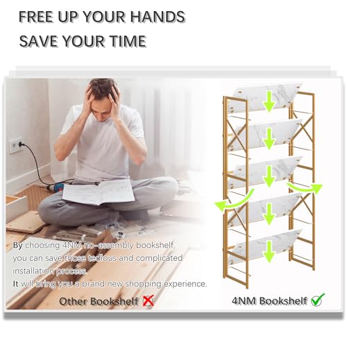 4NM 5 Tiers No Assembly Book Shelves, 51.2" H Folding Bookshelf Bookcase Open Industrial Foldable Shelves for Bedroom, Living Room, Home Office - White Gold - color: White Gold, size: XX 5-Tier