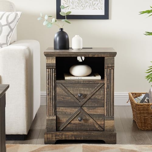 Minifeel Farmhouse Nightstand with Charging Station, 18" Wide 2 Drawer Night Stand, Barn Door Wood Bedside Table with Open Storage Shelf, Sofa Side End Tables with Roman Column for Bedroom, Dark Oak - color: Dark Rustic Oak