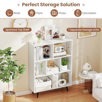 Giantex 7-Cube Bookcase, 3-Tier Modern Bookshelf with 4 Metal Legs, 31.5" Freestanding Open Storage Organizer with 2 Anti-tip Devices, Mid-Century Display Rack for Living Room (31.5" x 9.5" x 42") - size: 31.5" x 9.5" x 42"