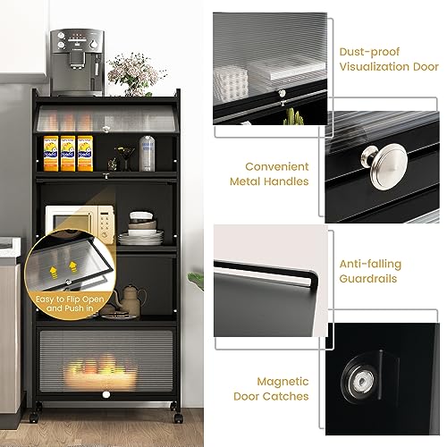 5-Tier Kitchen Storage Cabinet, Mobile Microwave Stand with Metal Frame, 4 Lockable Casters & Flip-up PC Doors, Freestanding Bakers Rack for Kitchen, Dining Room, Living Room (Black) - color: Black