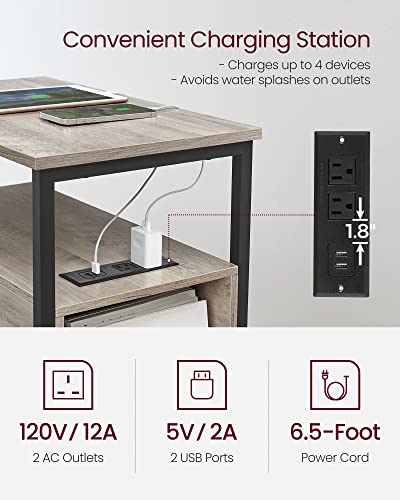 VASAGLE Side End Table with Charging Station, Slim Nightstand with 2 Drawers, Narrow Bedside Table for Living Room, Small Spaces, Heather Greige and Ink Black ULET321B02 - color: Heather Greige + Ink Black, size: 23.6"D x 13.8"W