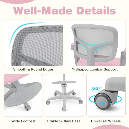 HONEY JOY Kids Desk Chair, Children Study Chair with Adjustable Height/Armrest/Footrest, Swivel Rolling Mesh Task Student Chair, Kids Computer Chair for Teens Girls Boys, Home, School, Office (Pink) - color: Pink