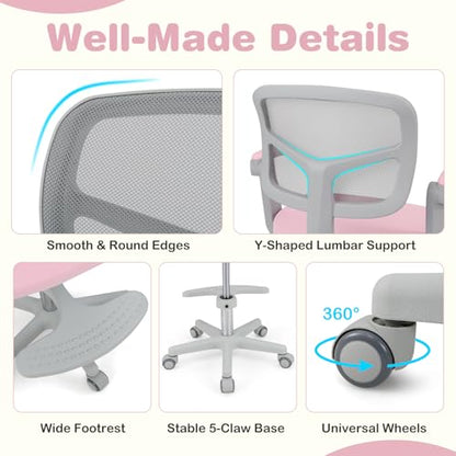 HONEY JOY Kids Desk Chair, Children Study Chair with Adjustable Height/Armrest/Footrest, Swivel Rolling Mesh Task Student Chair, Kids Computer Chair for Teens Girls Boys, Home, School, Office (Pink) - color: Pink