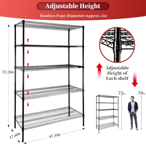 SUNLPH Heavy Duty 5-Tier Wire Shelving Adjustable Shelves Unit Metal Storage Rack Flat for Laundry Kitchen Pantry Garage Closet Organization (Black, 47.1" L x 17.6" W x 72.2" H) - size: 47.1"L x 17.6"W x 72.2"H - Flat