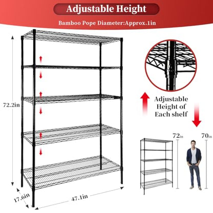 SUNLPH Heavy Duty 5-Tier Wire Shelving Adjustable Shelves Unit Metal Storage Rack Flat for Laundry Kitchen Pantry Garage Closet Organization (Black, 47.1" L x 17.6" W x 72.2" H) - size: 47.1"L x 17.6"W x 72.2"H - Flat