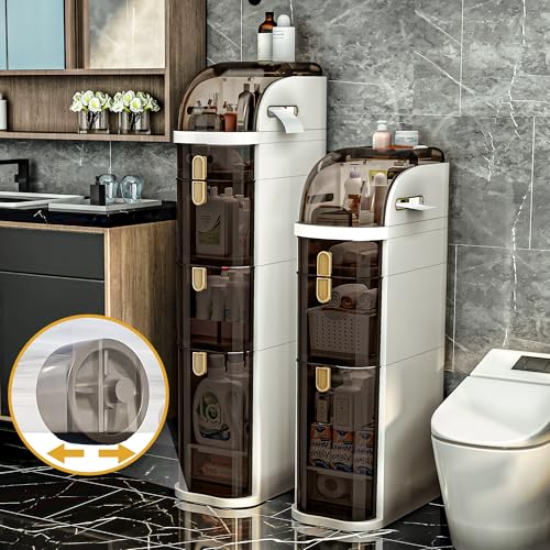 4-Tiers Slim Bathroom Storage Cabinet with Drawers & Tissue Box,Plastic Narrow Rolling Bathroom Tower Cart Waterproof & No Installation for Small Spaces Kitchen Laundry Living Room - size: 4-Tiers
