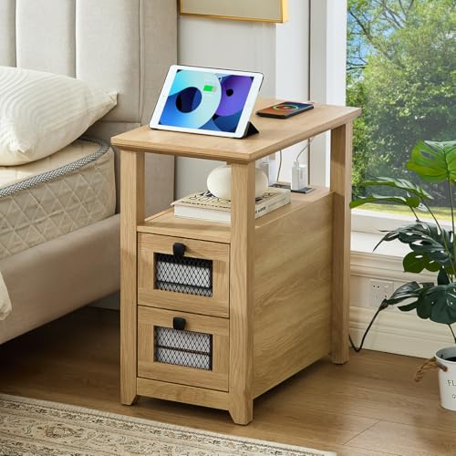 HDDDZSW Farmhouse XXL End Table with Charging Station, Narrow Side Table with USB Ports and Outlets, Nightstand with 2 Drawers Storage, Bedside Tables for Living Room, Bedroom, Wooden Color - color: Nature