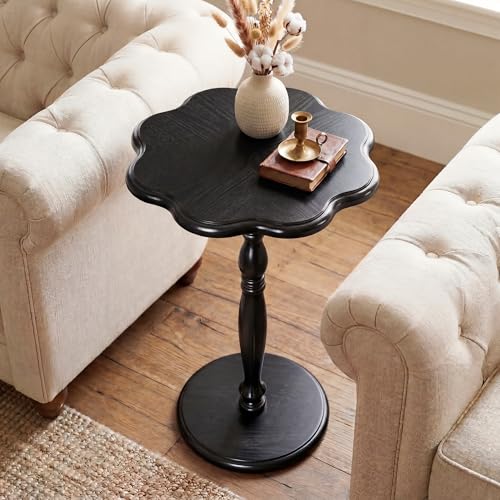 STO'SENSE Black Round Side Table,Drink Table for Small Spaces,Mid-Century Modern Accent Nightstand w/Solid Wood Leg,Sofa Pedestal Table w/Classic Sculpted Design for Living Room,Tool-Free Assembly - color: Black, size: 8-Scalloped Top