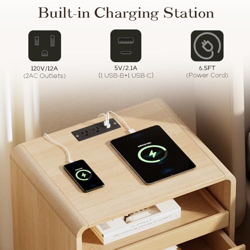20” Wide Modern Nightstand with Charging Station,2 Drawer End Table with Pull-Out Shelf,Curved Profile Design,Wood Side Table for Bedroom