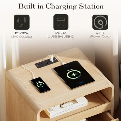 20” Wide Modern Nightstand with Charging Station,2 Drawer End Table with Pull-Out Shelf,Curved Profile Design,Wood Side Table for Bedroom