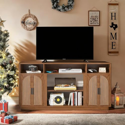 59'' Fluted TV Stands for Living Room, Modern Entertainment Center with Storage, TV Stand for TVs up to 65 Inch with Adjust Shelves, Wooden Media Console Table (Walnut, Without Fireplace) - size: Without Fireplace