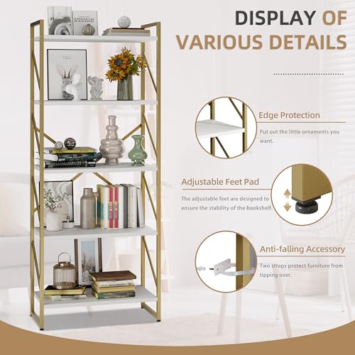 Vongrasig 5 Tier Bookshelf, Modern Tall Bookcase, Industrial Book Shelves Display Standing Shelf, Free Standing Storage Organizer for Bedroom, Living Room, White+Gold - color: White+gold