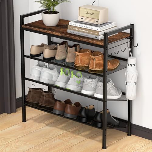 Refrze Shoe Rack for Front Door Entrance, 4 Tier Height-Adjustable Metal Shoe Rack, Sturdy Wooden Top and Tiltable Steel Frame Heavy Duty Shoe Organizer for Bathroom,Bedroom,Kitchen，Include Hook - color: Brown + Black, size: 4-Tier (11.8"D x 29.1"Wx 30.7"