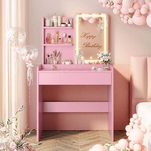 Memobarco Small Vanity Desk with Mirror and Lights, Makeup Vanity with Drawer & Storage Shelves, Vanity Desk with 3 Lighting Modes & Adjustable Brightness, Dressing Table for Women Girls Bedroom, Pink - color: Pink