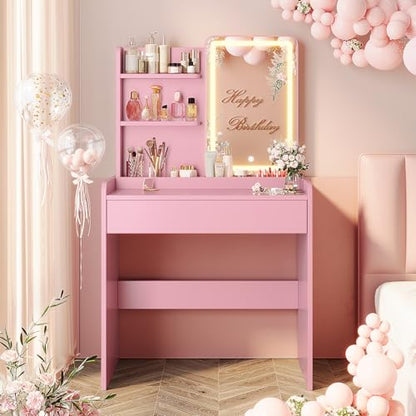 Memobarco Small Vanity Desk with Mirror and Lights, Makeup Vanity with Drawer & Storage Shelves, Vanity Desk with 3 Lighting Modes & Adjustable Brightness, Dressing Table for Women Girls Bedroom, Pink - color: Pink