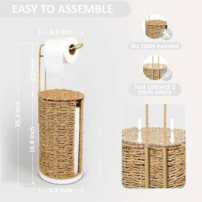 Freestanding Wicker Toilet Paper Holder with Lid, 3 Rolls of Toilet Tissue Storage, Rattan Handmade Woven Toilet Paper Roll Holder Stand, Decorative Boho Bathroom Farmhouse Toilet Paper Holder