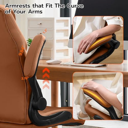 Ylzyxal Office Desk Chair, Ergonomic Computer Chair with Padded Flip-Up Arms and Adjustable Lumbar Support, PU Leather Executive Chair with Tilt Lock and 360° Swivel Rolling Wheels for Work, Study - color: Brown