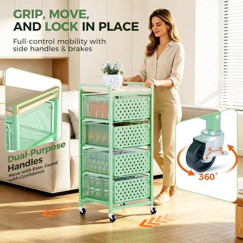 5 Tier Kitchen Storage Cart with Wheels, Utility Fruit Vegetable Storage Rack Stand with Pull-Out Baskets & Wood Top, Metal 4-Drawers Rolling Snack Cart, Kitchen Cart for Potato Onion(Green) - color: Green