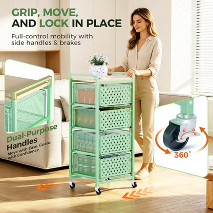 5 Tier Kitchen Storage Cart with Wheels, Utility Fruit Vegetable Storage Rack Stand with Pull-Out Baskets & Wood Top, Metal 4-Drawers Rolling Snack Cart, Kitchen Cart for Potato Onion(Green) - color: Green