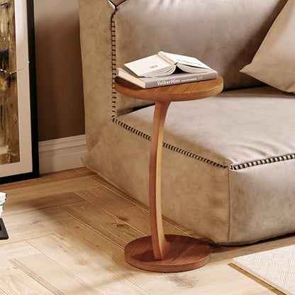 COZAYH C Shaped Round End Table for Couch Small Place, Space Saver Side Table for Sofa, Living Room, Bedside Area, Coffee and Eating Snack Tray, Walnut Color - color: Walnut