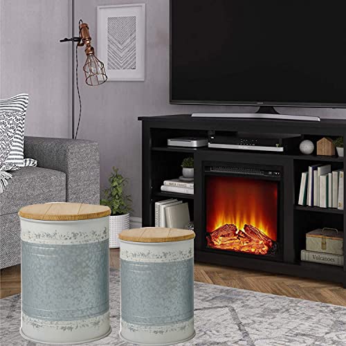 Glitzhome Rustic End Table Set of 2, Farmhouse Galvanized Metal Barrel Ottoman Storage Stool with Round Wood Lid for Living Room Furniture, Distressed White - color: Distressed White