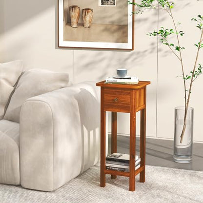 Tangkula 2-Tier Narrow Side Table with Drawer, Acacia Wood Tall End Table for Small Spaces, Farmhouse Slim Bedside Table with Open Shelf, Nightstand for Living Room, Bedroom, No Assembly (2, Natural) - color: Natural