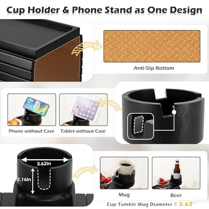 Couch Cup Holder Tray, 15.75" Bamboo Cup Holder for Couch, 3 in 1 Foldable Arm Chair Clip on Side Tray Table for Remote Snack Table on Armrest - color: Black