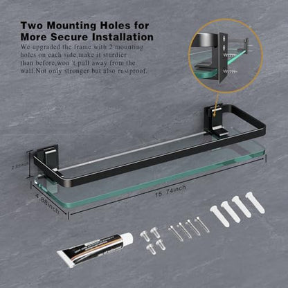 VOLPONE Bathroom Wall Shelf 15.7in Bathroom Glass Shelves Wall Mount Glass Shelf Rustproof Bathroom Wall Organizer 3 Tier (Black) - style: 3 tier without towel bar black