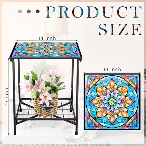 Cinnvoice Outdoor Side Table 2-Tier Storage Square Small Mosaic Patio Accent Indoor End Plant Coffee Tea Table for Yard Patio Porch Garden Living Room, Bedroom(Mandala Style) - style: Mandala Style