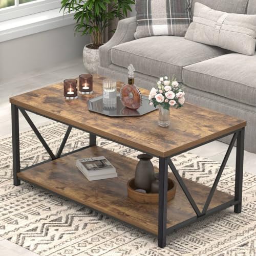 EXCEFUR Modern Coffee Table, Industrial Metal and Wood Living Room Table with Storage Shelf, Rustic Brown - color: Rustic Brown, size: 39 inch