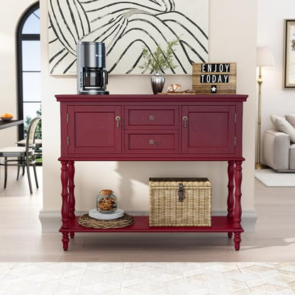 ARTPOWER Console Table with 2 Drawers, Retro Entryway Table with 2 Door Cabinets and Open Storage Shelf, Narrow Long Behind Couch Sofa Table for Living Room, Foyer, Hallway, Red - color: Red