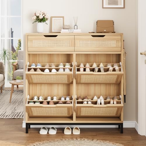 Jocoevol Rattan Shoe Cabinet for Entryway, Boho Shoe Storage Cabinet with 4 Flip Drawers and 2 Drawers, Narrow Freestanding Shoe Rack with Metal Legs for Entryway/Hallway/Foyer (Natural) - color: Natural