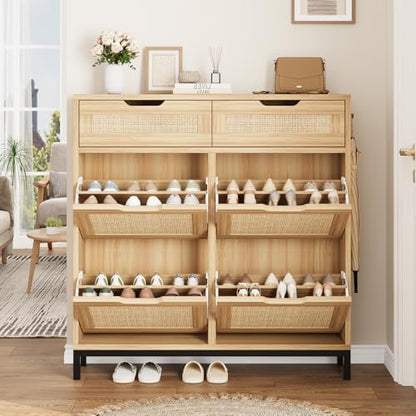 Jocoevol Rattan Shoe Cabinet for Entryway, Boho Shoe Storage Cabinet with 4 Flip Drawers and 2 Drawers, Narrow Freestanding Shoe Rack with Metal Legs for Entryway/Hallway/Foyer (Natural) - color: Natural