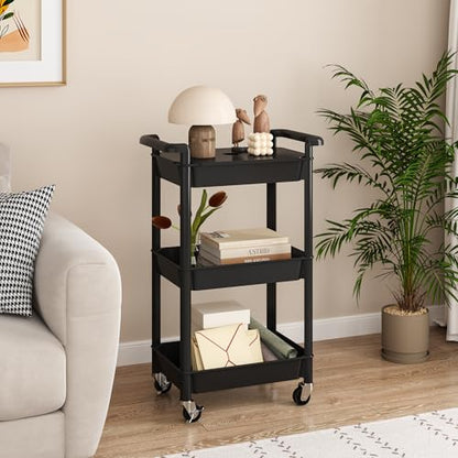 MIOCASA 3-Tier Utility Rolling Cart with Cover Top Board, Kitchen Storage Organization Cart with Wheels for Office, Classroom, Living Room, Kitchen, Bathroom, Black, Plastic - size: 3-Tier, style: Black