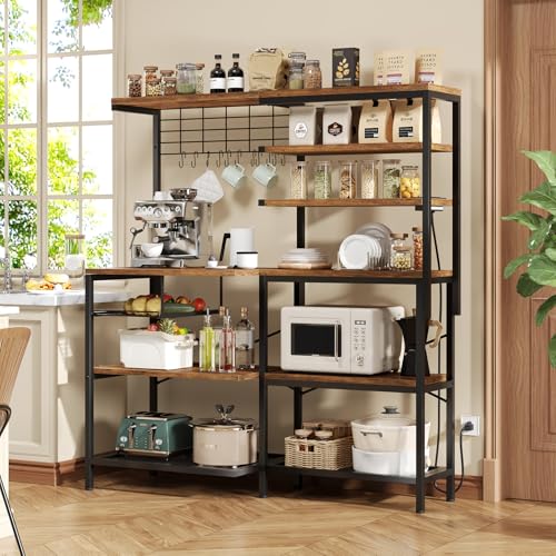 L-Shaped Bakers Rack with Power Outlet | 6-Tier Microwave Stand with Open Storage, Kitchen Shelf with Hooks, Coffee Bar with Wire Basket, Rustic Brown and Black - color: Rustic Brown + Black