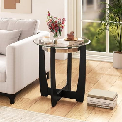 Giantex Round Glass End Table Set of 2, 24’’ Side Table with Tempered Glass Top, Nightstands with Cross & Solid Rubber Wood Base, Compact Bedside Night Stand for Bedroom Office Living Room (2, Black) - color: Black