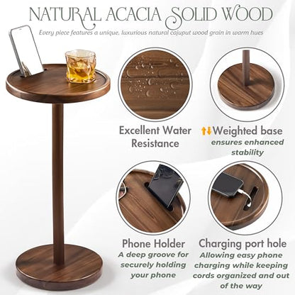 BLUEWEST Drink Table, 24.4" Tall Compact Side Table with Phone Slot and Weighted Base, Durable Pedestal Table Accent for Living Room (Flat, Walnut) - color: Large Walnut