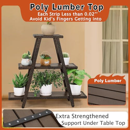 Outdoor Plant Stand for Patio 3 Tier Plant Stand Shelf with Wicker Poly Lumber Flower Stand Holder Tiered Multi Ladders Plant Holder Display Rack with Adjustable Feet for Outside Balcony Porch Brown