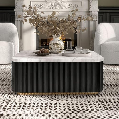 Furniture of America Beryl Modern Square White Genuine Marble Top Coffee Table with Fluted Pedestal Base and Gold Stainless Steel Accent, Low Profile Table for Living Room, Home Office, Black - size: Coffee table, style: Square