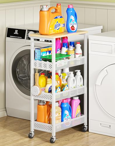 OKZEST Utility Slim Storage Cart, 4-Tier Narrow Bathroom Organizers and Storage Cart, Narrow Metal Kitchen Laundry Room Organization Shelf with Wood Top, Slim Rolling Carts with Wheels for Small Space - color: White, size: 9.1 Inch Wide