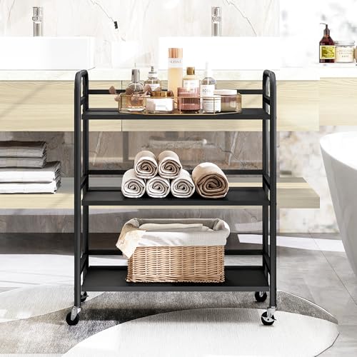 DCLRN 3 Tier Rolling Cart with Lockable Wheels Sturdy Construction,Solid Shelves,Recessed Screw Holes Ideal for Kitchen and Home Storage Size:23.6" Dx11.8 Wx29.5 H(Black) - size: Large
