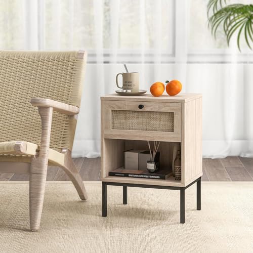 Giantex Rattan Nightstand with Drawer, Boho Side Table with 4 Metal Legs and Open Storage Shelf, Farmhouse Wood Night Stand for Small Spaces, 2 Tier Bedside Table for Bedroom Office, Oak - color: Oak
