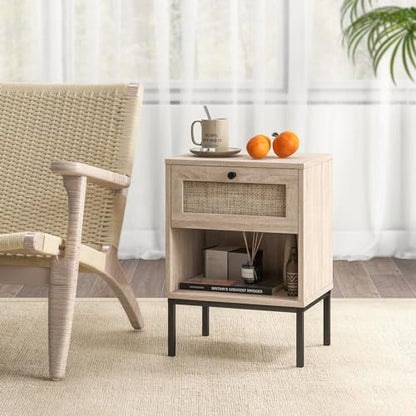 Giantex Rattan Nightstand with Drawer, Boho Side Table with 4 Metal Legs and Open Storage Shelf, Farmhouse Wood Night Stand for Small Spaces, 2 Tier Bedside Table for Bedroom Office, Oak - color: Oak