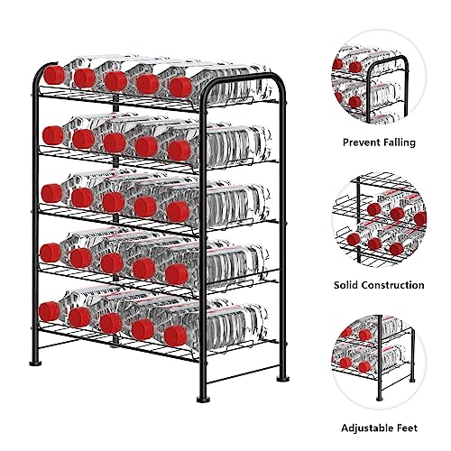 OYEAL Plastic Water Bottle Storage Rack 5 Tier Bottled Water Holder Organizer Freestanding Floor Small Beverage Soda Drink Stand Shelf for Kitchen Pantry Can Storage, Hold 30 Bottles, Black