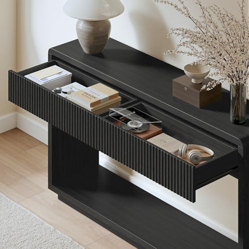 Evermagin 59'' Charcoal Black Entryway Table with Drawers, Fluted Console Table, Mid Century Modern Sofa Table with Storage for Living Room, Entrance, Hallway - color: Charcoal Black