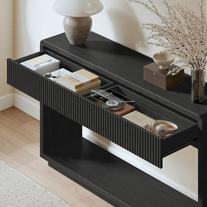 Evermagin 59'' Charcoal Black Entryway Table with Drawers, Fluted Console Table, Mid Century Modern Sofa Table with Storage for Living Room, Entrance, Hallway - color: Charcoal Black