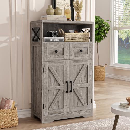 FiveWillowise Small Farmhouse Storage Cabinet with Barn Doors, Farmhouse Kitchen Pantry Cabinet, Tall Coffee Bar with Storage, Hutch Cupboard for Kitchen, Laundry, Living Room, Washed Grey - color: Washed Grey